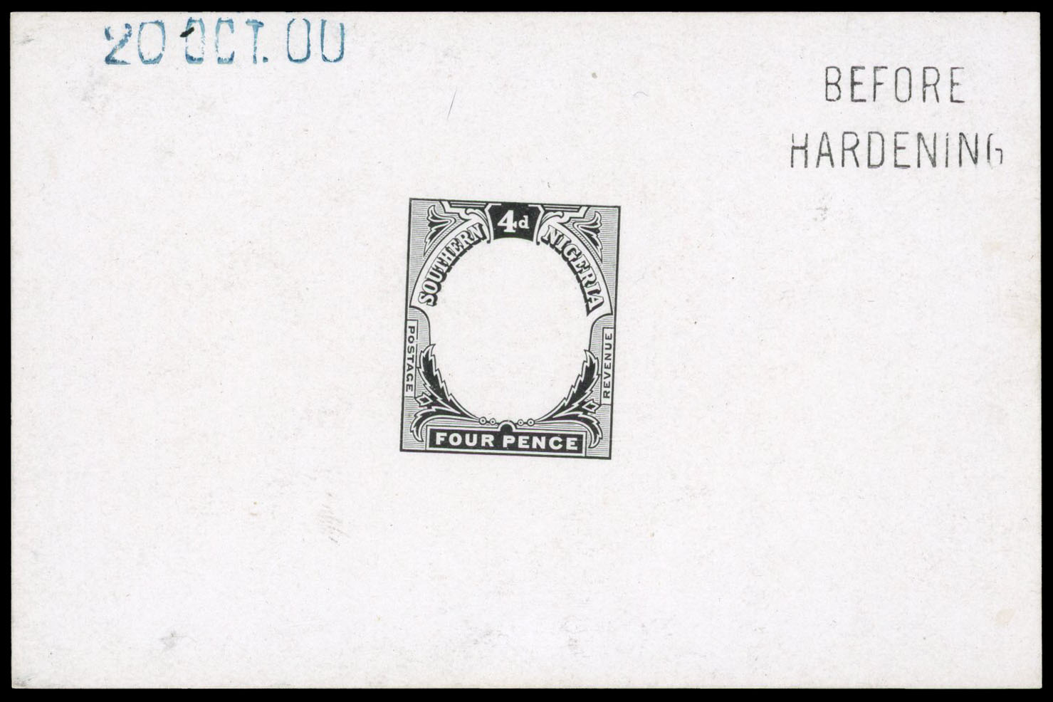 1900 4d frame die proof on glazed paper dated “20 OCT. 00” in blue and endorsed “BEFORE HARDENING” in black. Fine. 