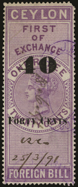 CEYLON 1890 Revenue Foreign Bill: '40/ FORTY CENTS' surcharged error of colour