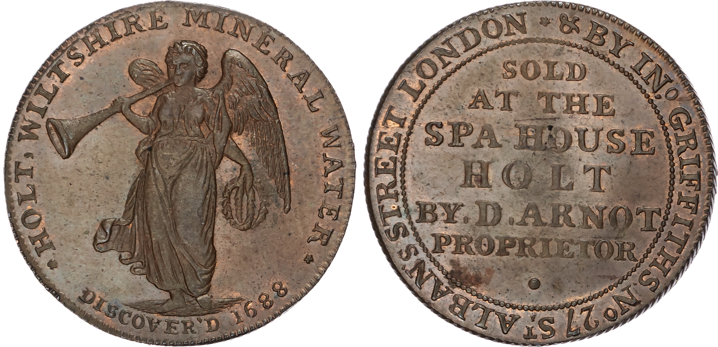 Wilts. Holt , David Arnold (Spa owner) Halfpenny undated, Fame standing blowing trumpet, rev. sixline advertis…