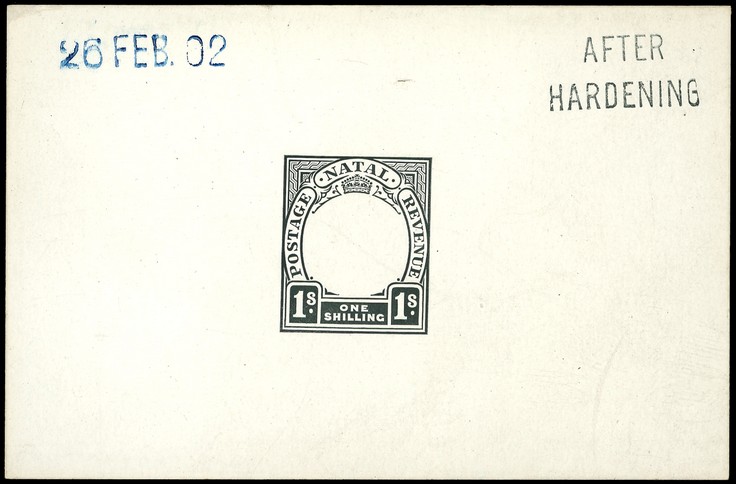 1902 Die Proof of 1/- Duty Plate in black on glazed card 93 x 60mm, dated 26 FEB. 02 in blue and marked AFTER HARDENING. ...