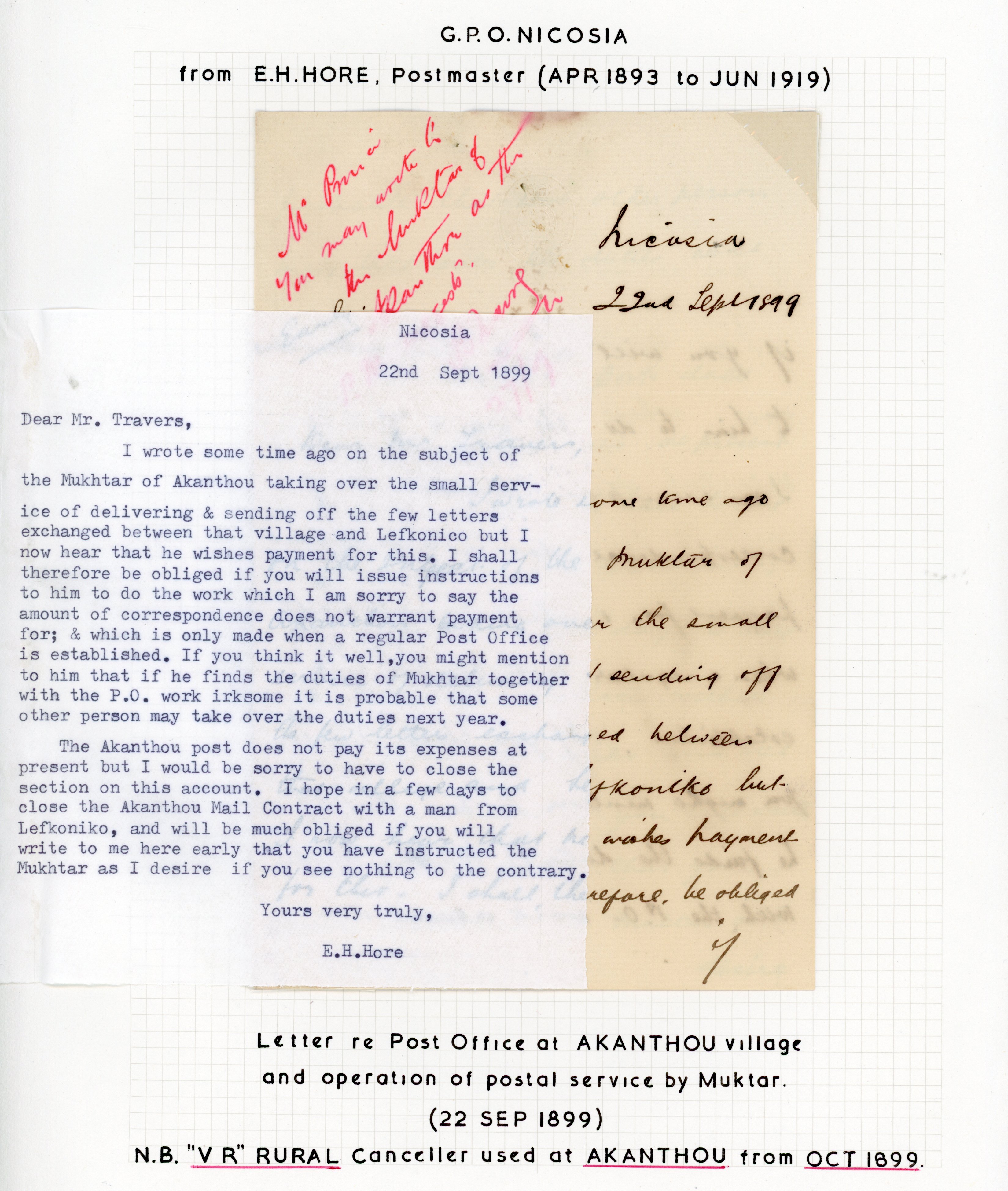 1902 letters dealing with rural postal services between E.H. Hore, postmaster to Mr Travers, the Commissioner