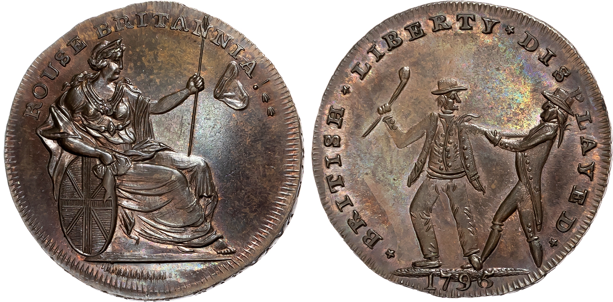 London, Holborn, Thomas Spence Halfpenny 1796, A landsman being pressganged into the Navy, rev. Britannia seated right d …