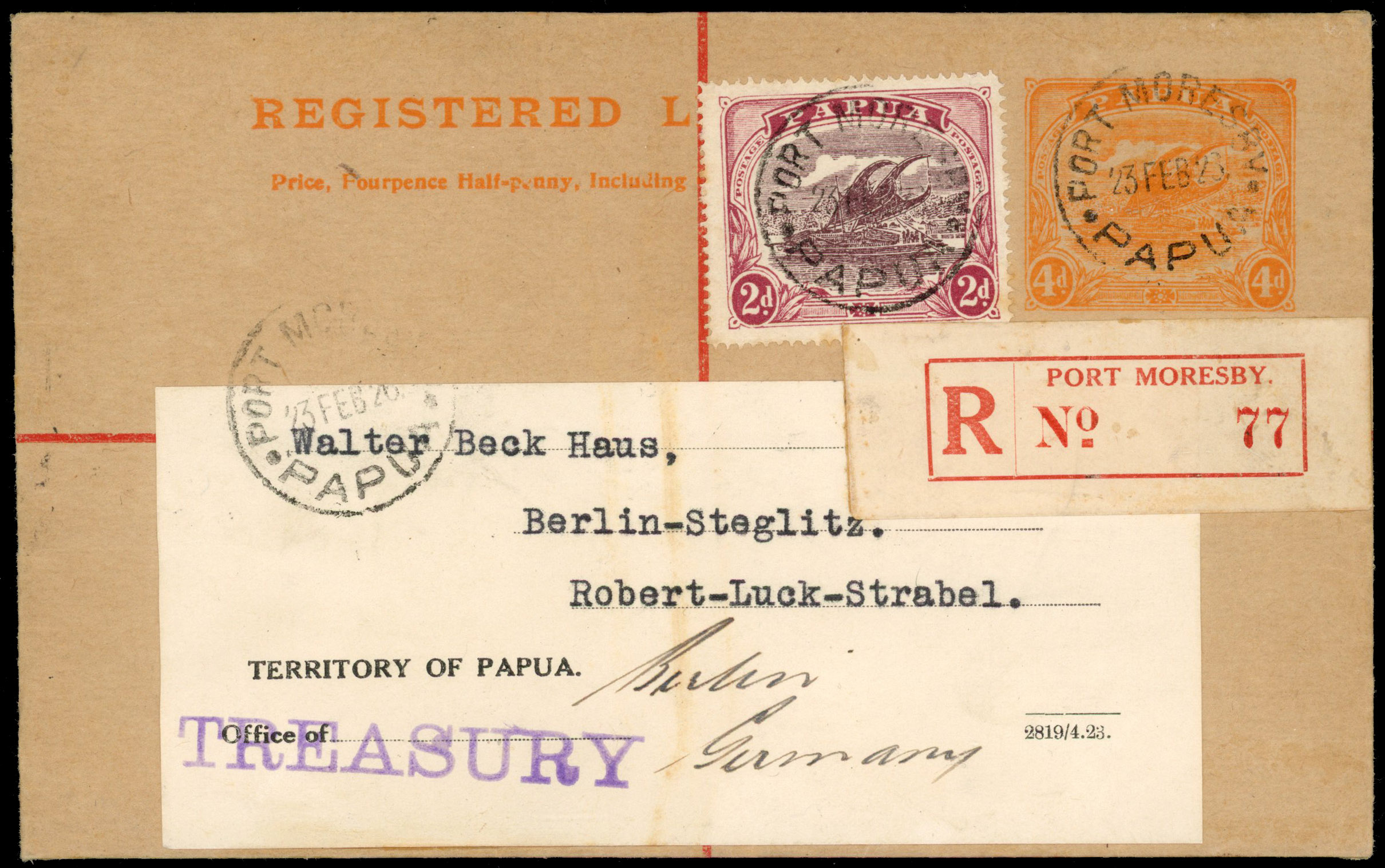 Papua 1926 4d orange registered envelope used to Germany