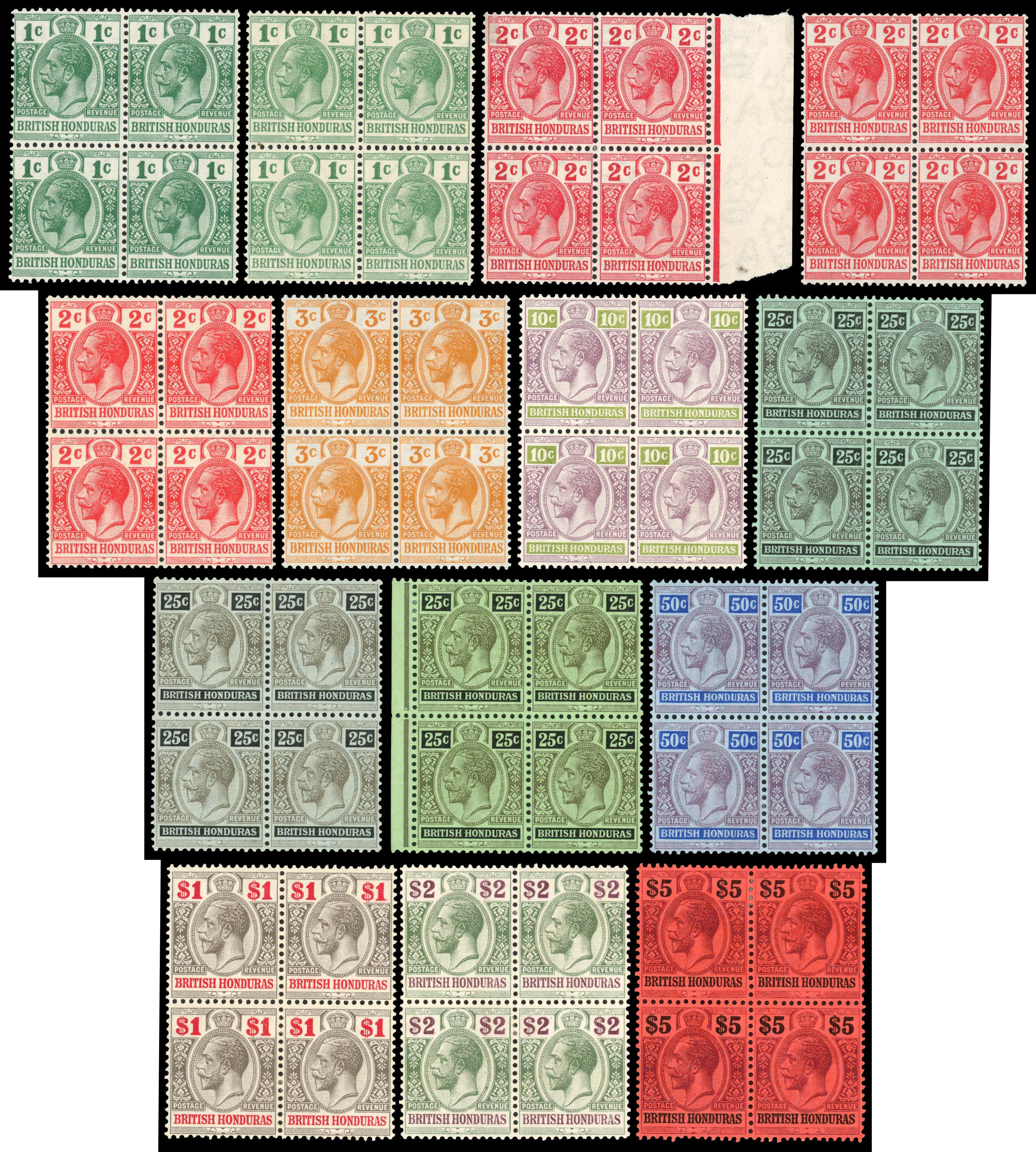 British Honduras 1913-21 wmk MCA set to $5 blocks of 4