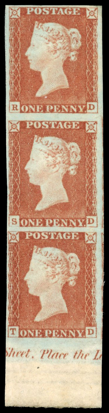 SG 8 1841 1d red-brown Plate 72 strip of 3 mint