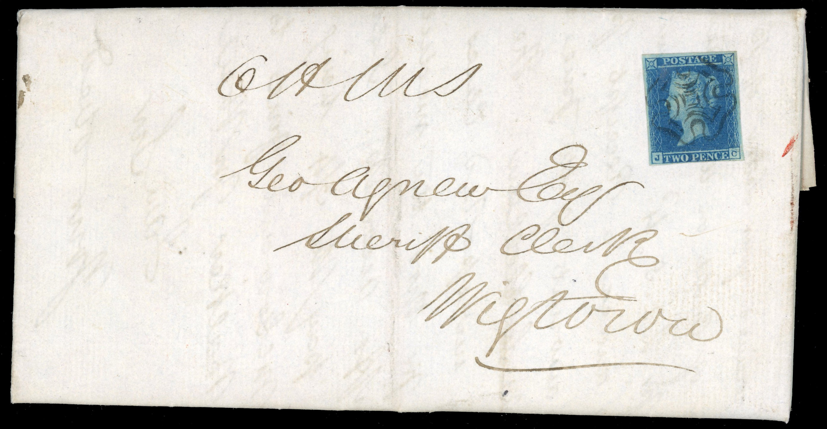 GB 1841 2d blue, Plate 3 (JC) on O.H.M.S. entire to Wigtown