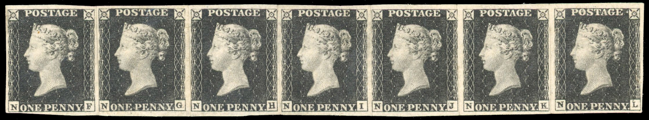 GB SG 2 1d black Plate 4 re-joined mint strip of seven