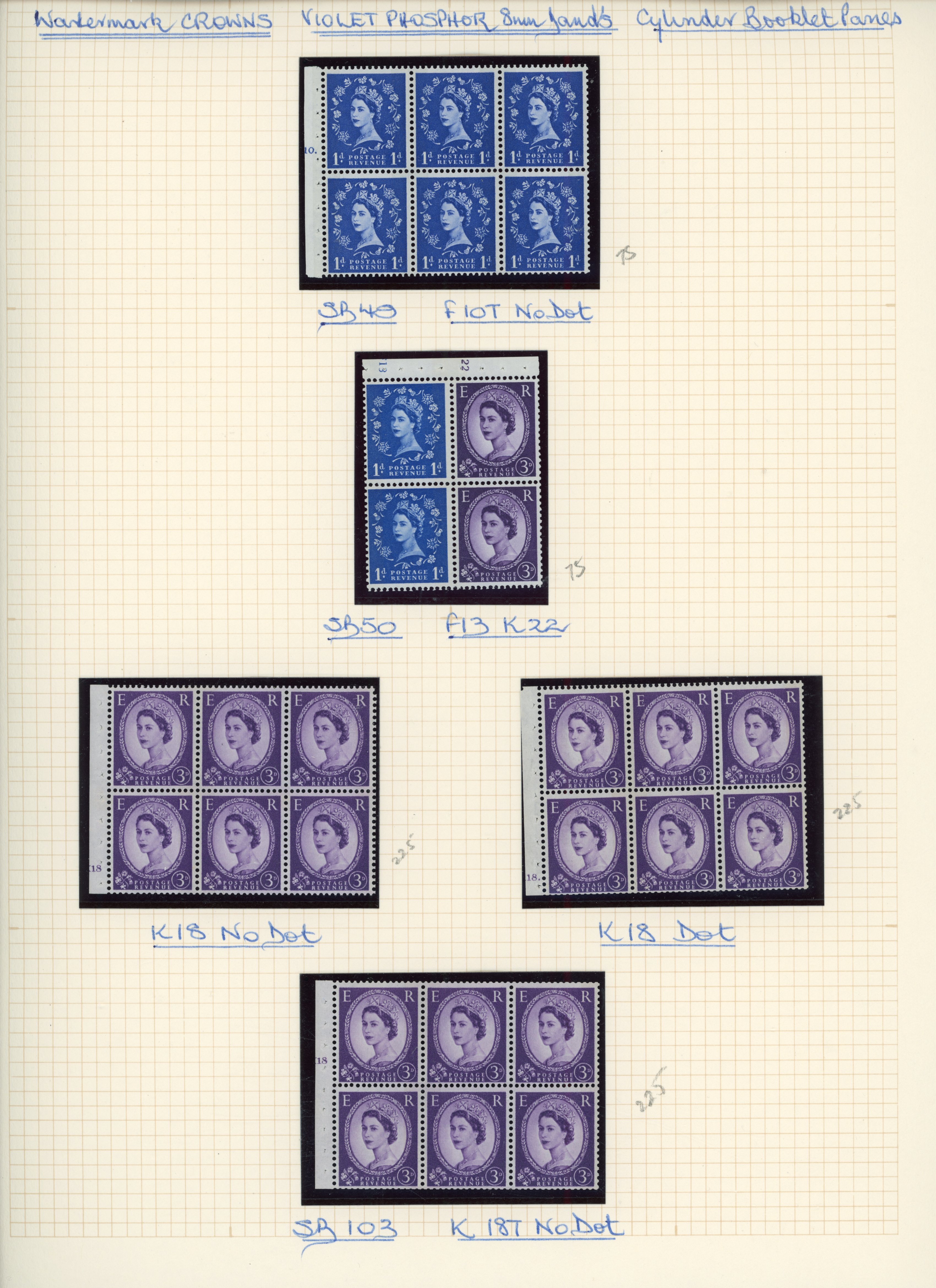 GB: 1965-67 Wilding cylinder booklet pane selection neatly arranged on SG Philatelic leaves