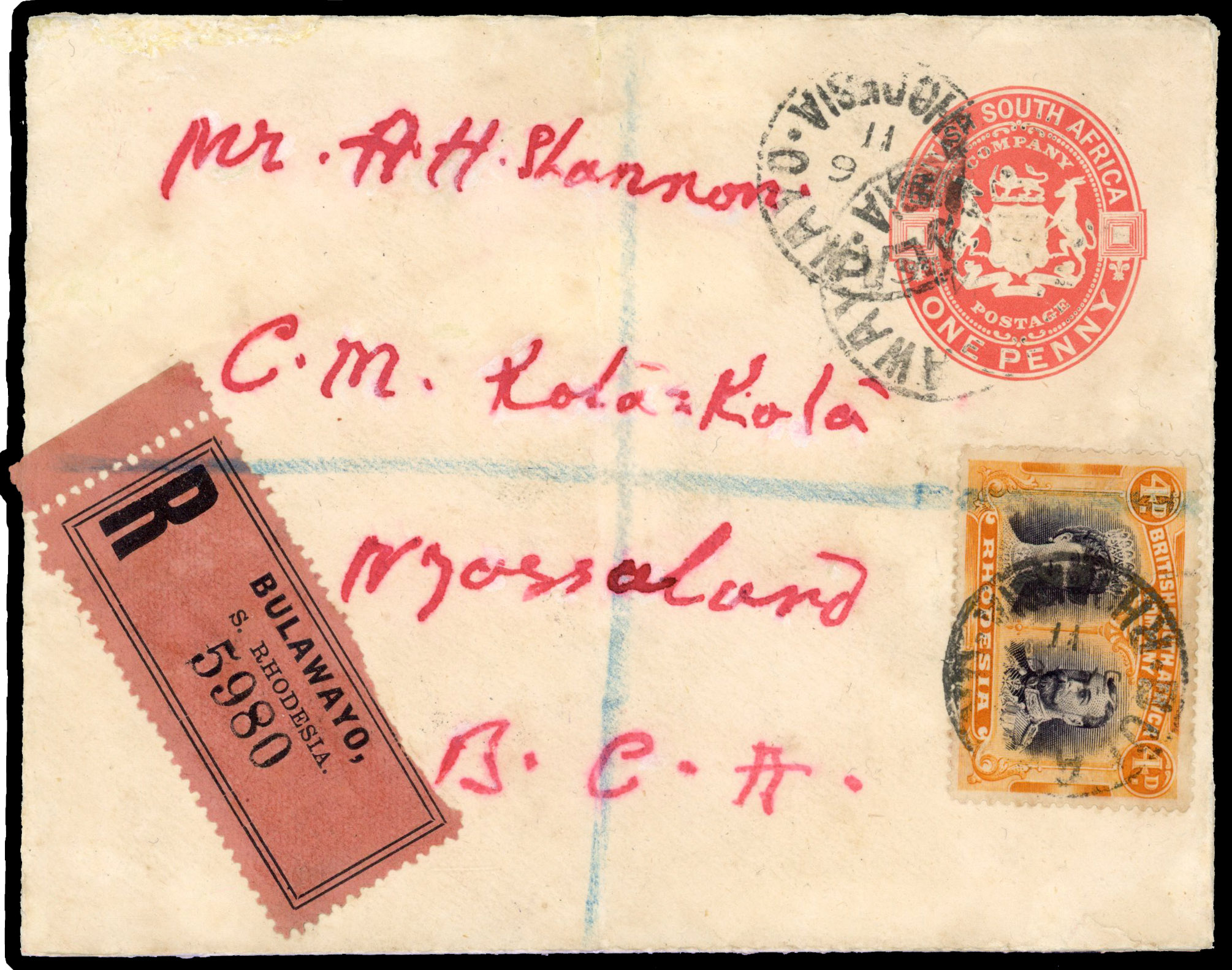 Rhodesia 1911 1d p/s envelope used from Bulawayo to Nyasaland