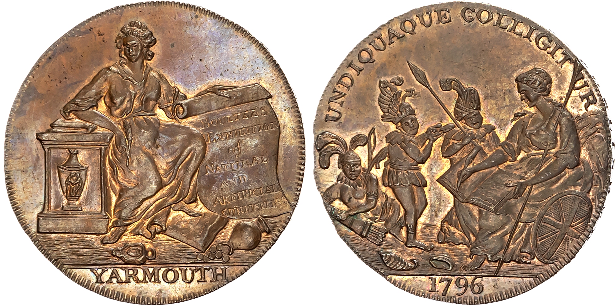 Norf.  Yarmouth , Joseph, Daniel and John Boulter (exhibition/museum proprietors) Halfpenny 1796, History seated with an …