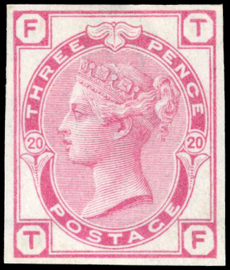 1875 3d rose plate 20, watermark spray, imperforate imprimatur lettered ‘TF’, very rare, one of only 22 possible