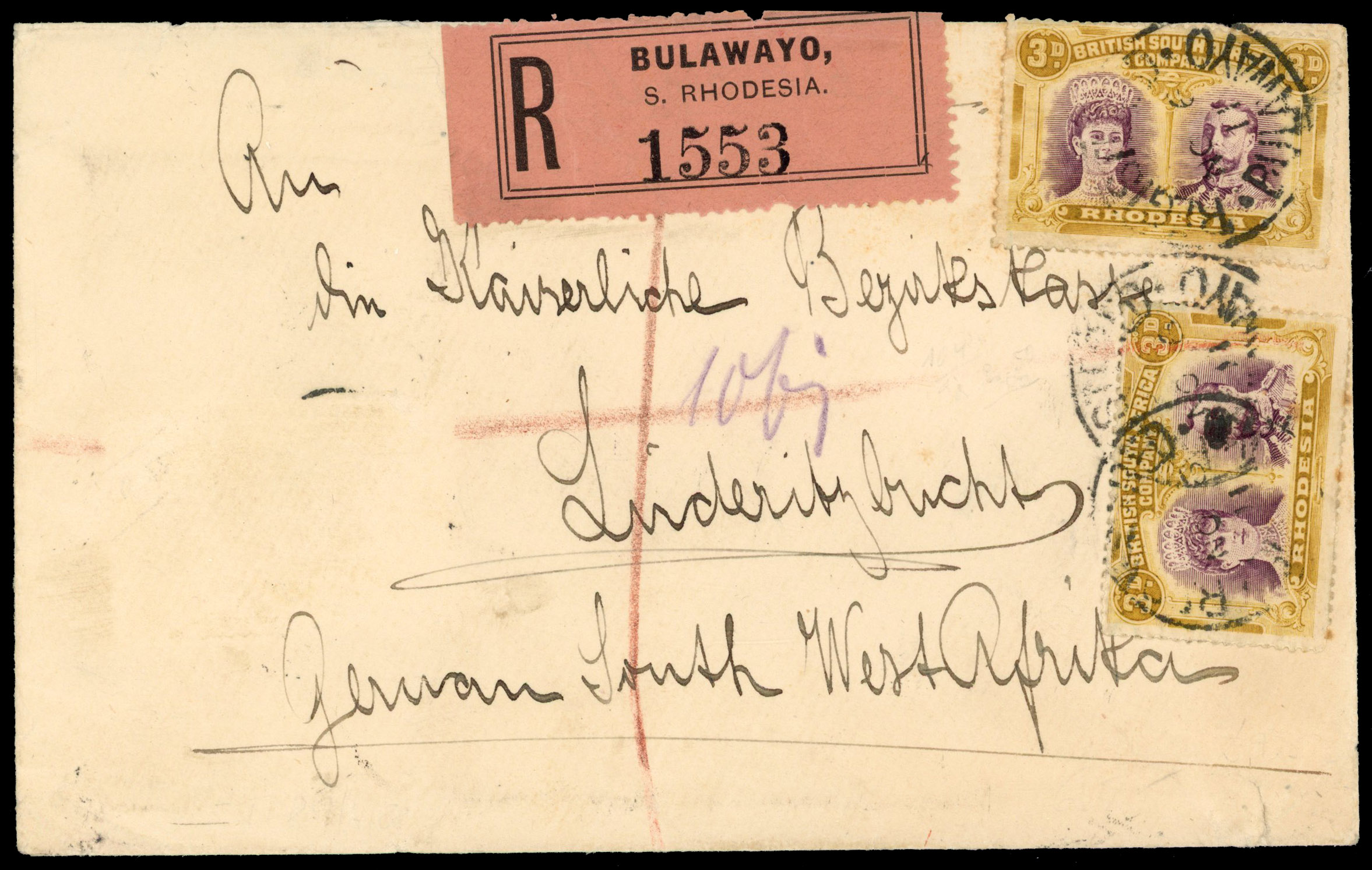 3d SG 135, two on registered cover Bulawayo to Luderitzbucht