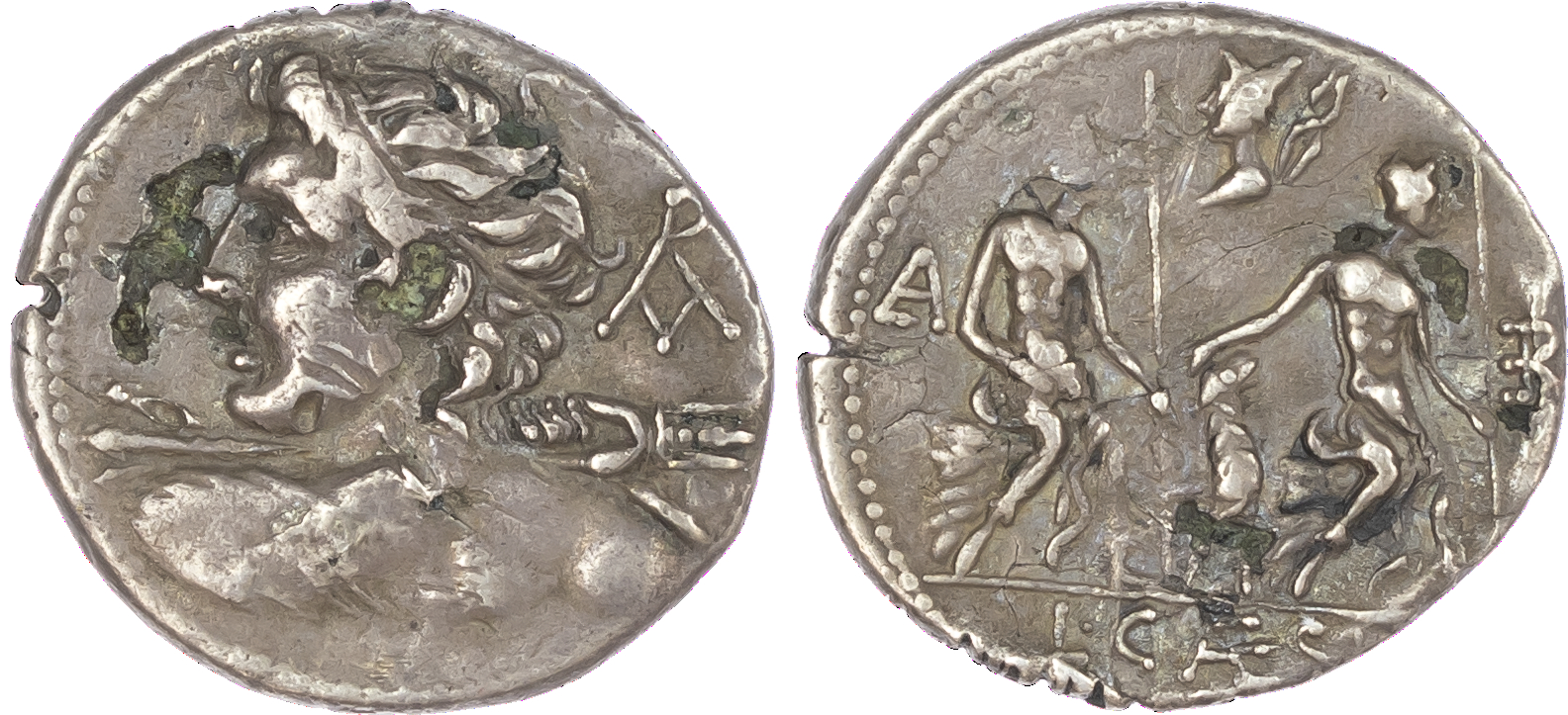 L. Caesius (112-111 BC) AR ‘Fouree’ plated imitation Denarius, 3.04g. Bust of Vejovis facing left, holding thunderbolt, ROMA
