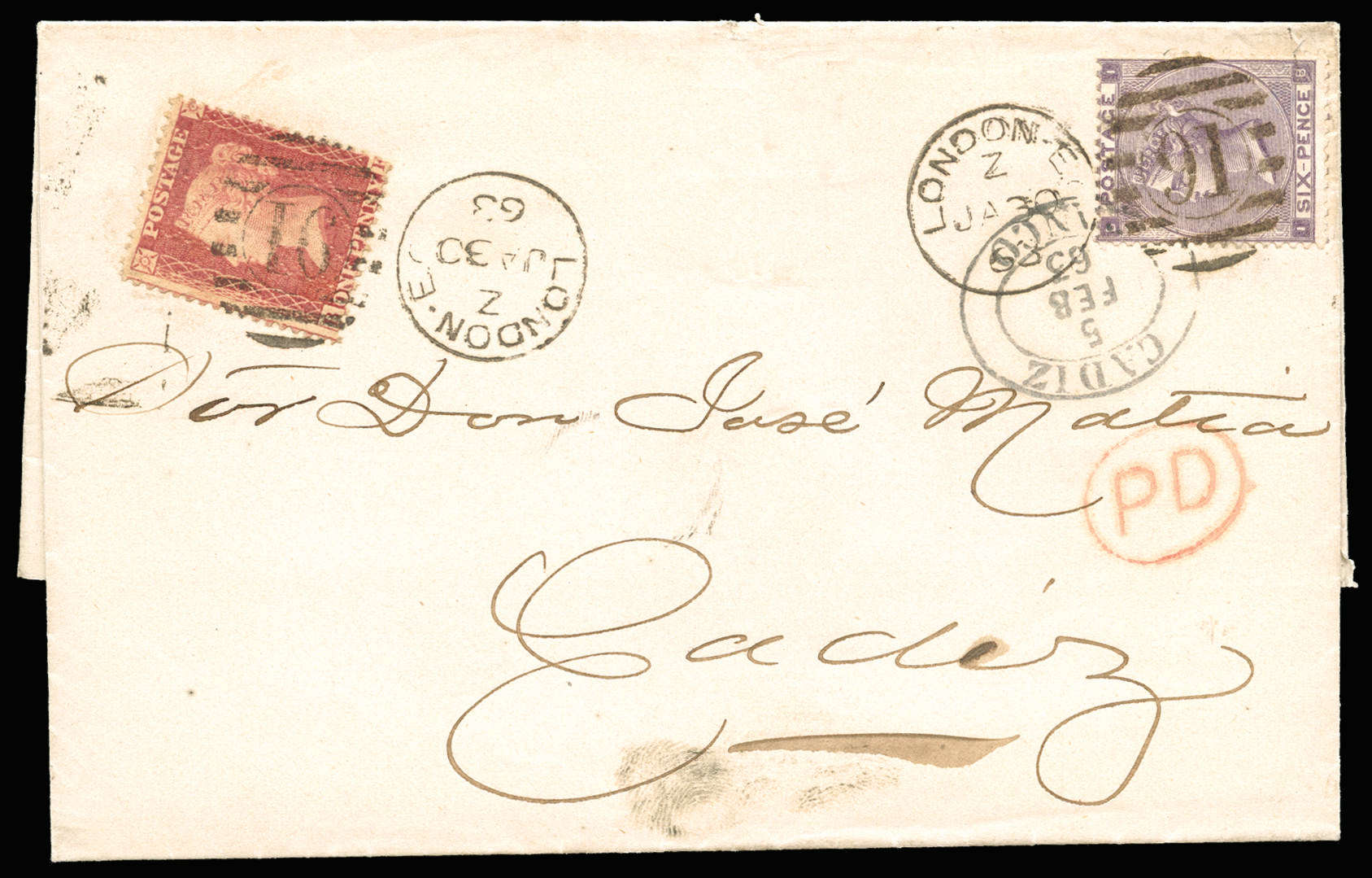 Great Britain 1863 Overseas Mail. Very fine entire sent from London to Cadiz bearing a 6d deep lilac Pl.3. (SG 83)…