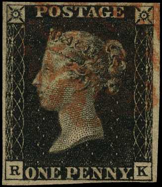 1840 1d black, plate 7 (RK) 4 margins,...