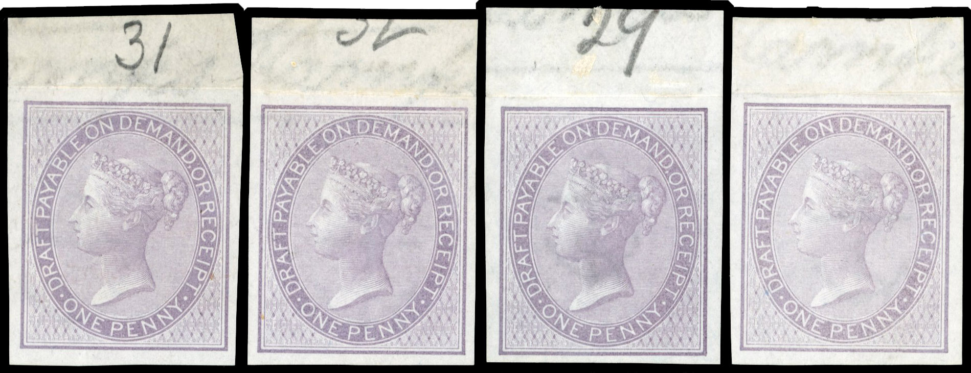 1855 four imprimaturs of the 1d receipt, postal fiscal stamp in lilac, SG F5 var 