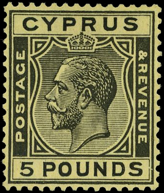 CYPRUS: 1928 £5 black on yellow, BPA certificate (1986) fine unused o.g. SG 117a, £3750