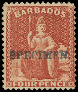 1875-80 4d red, perf 14, H/S ‘SPECIMEN‘ in...