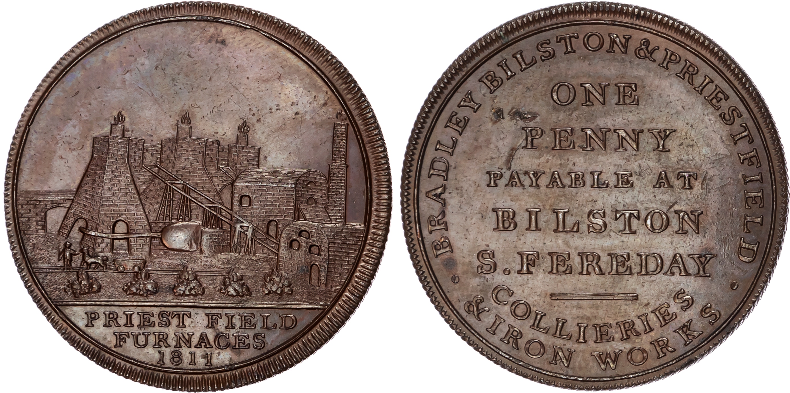 BILSTON, Staffs. Samuel Fereday Penny 1811, Another the same but bronzed, 33.5mm/19.24gm. (W 46a; D -). Good E…