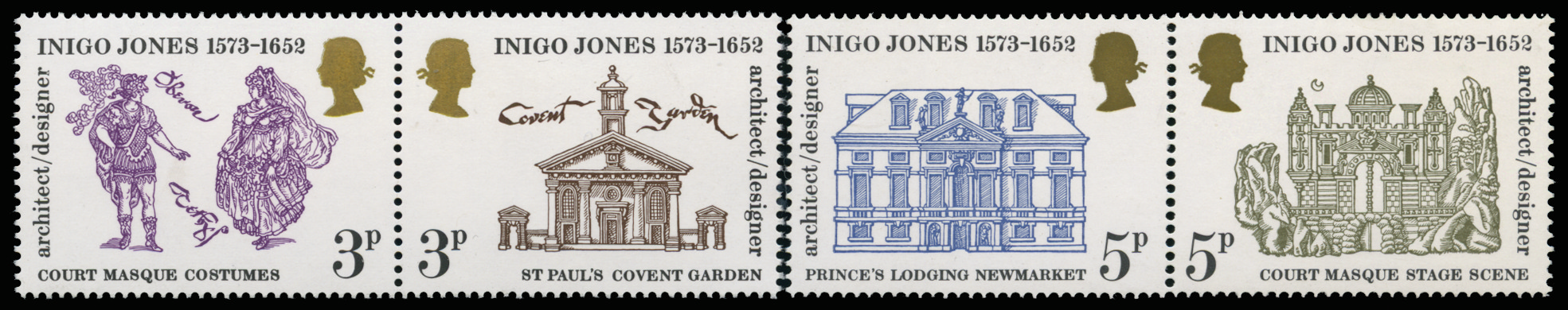 GB SG935/8var 1973 3p-5p Inigo Jones. Phosphor omitted.