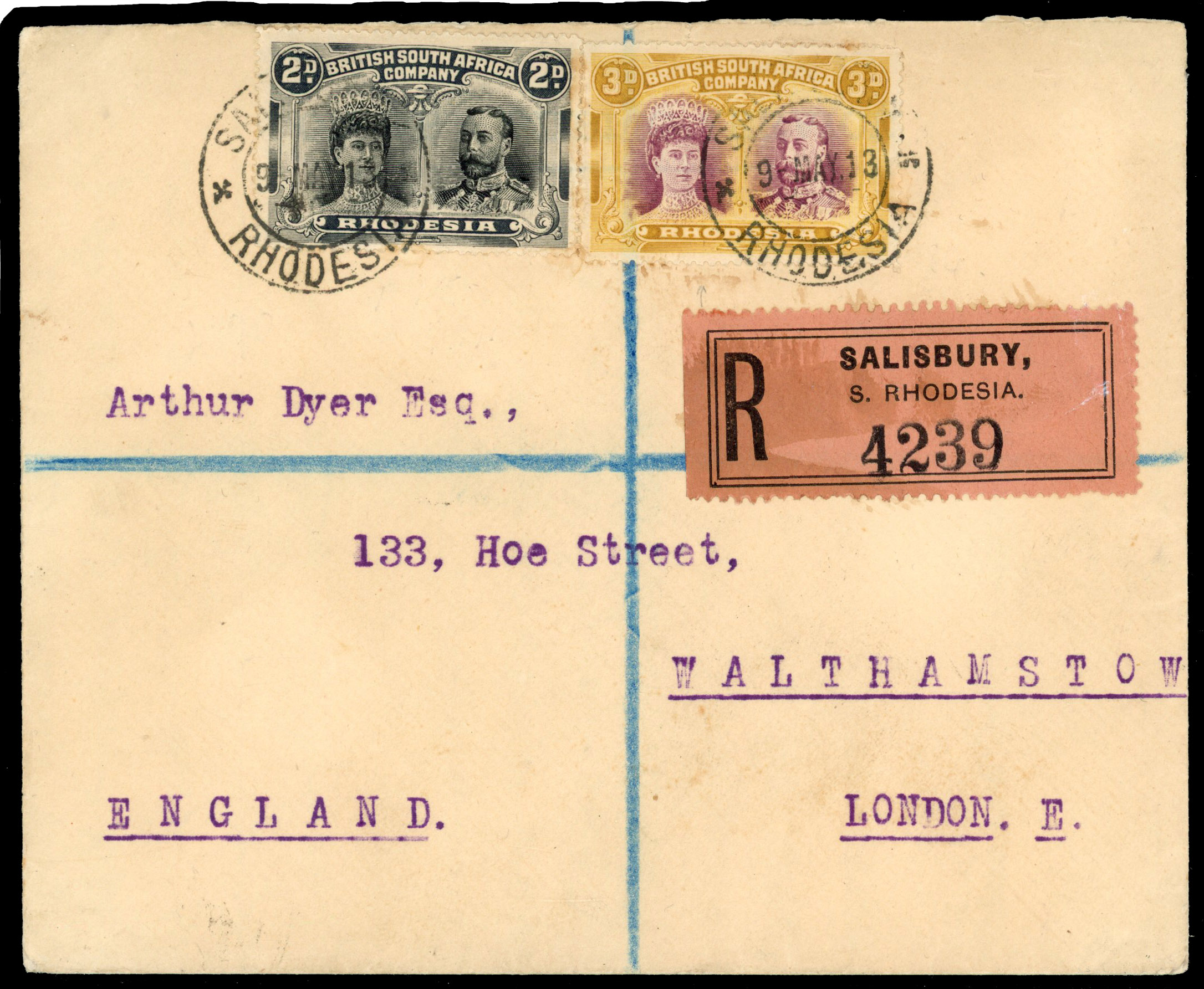 Rhodesia 1913 registered Dyer cover from Salisbury to London