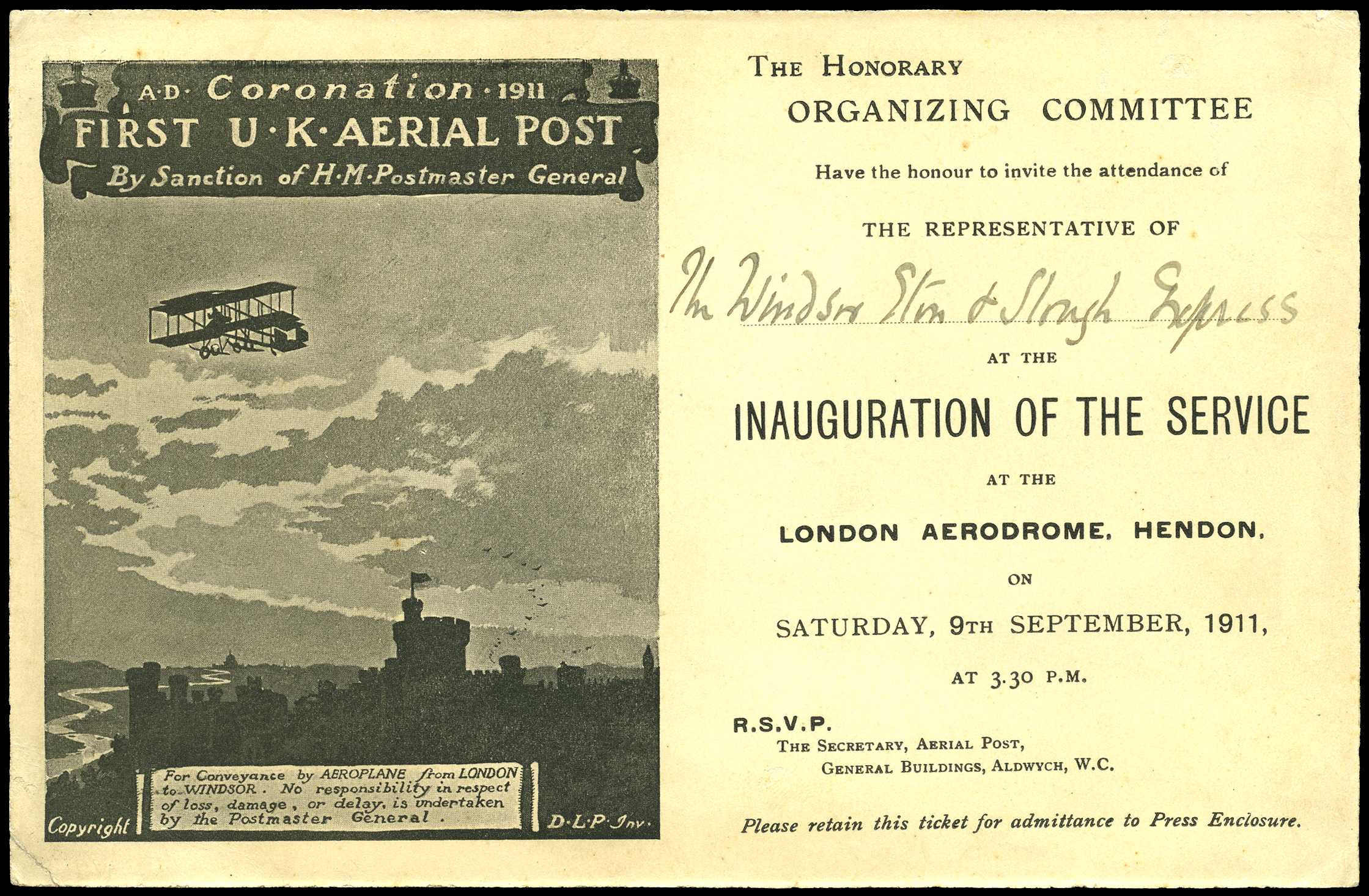 1911 FIRST U.K. AERIAL POST: Official...