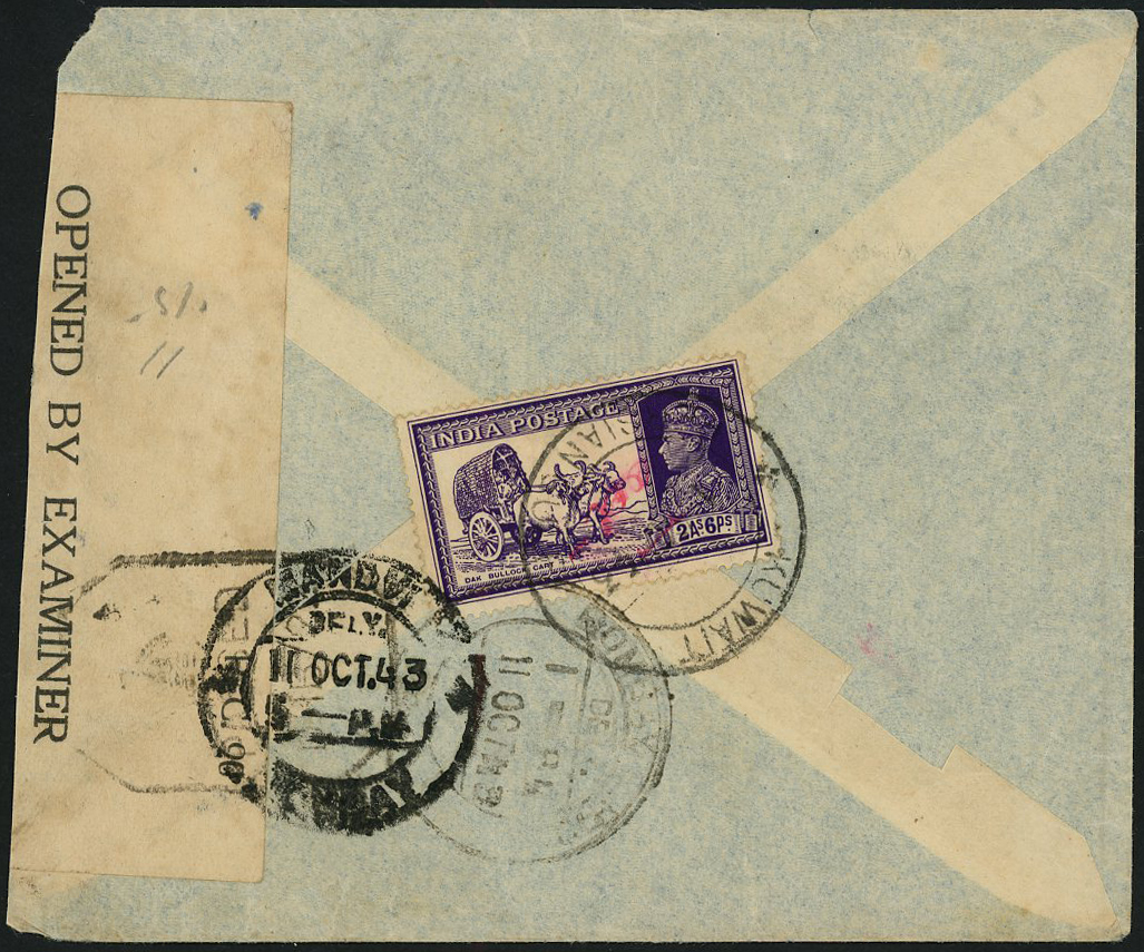 KUWAIT: POSTAL HISTORY: 1943 airmail cover to India, franked 2a.6p tied Kuwait cds ‘10 OC 43’ with Indian 