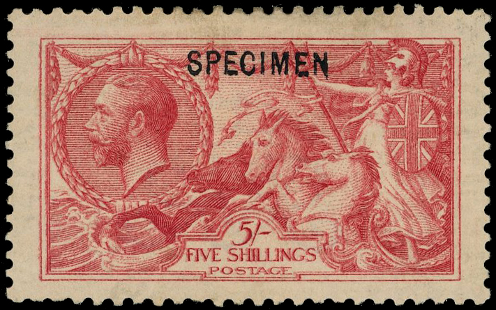 GB: 1915 5s carmine-red Waterlow ‘Seahorse’ overprinted “SPECIMEN”, part o.g. SG 401s/Spec N66(3)s