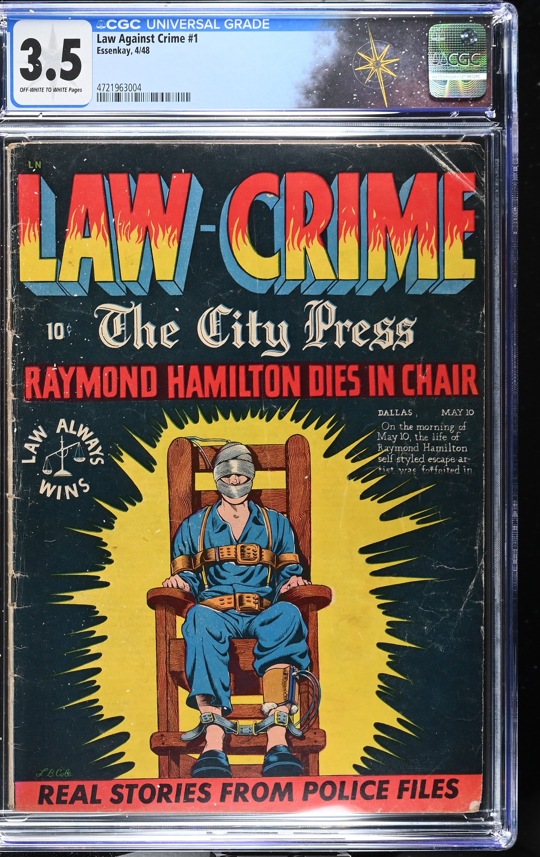 Law Against Crime #1 CGC 3.5 Electrocution Cover by L. B. Cole (Essenkay, 1948) Off-White to White Pages