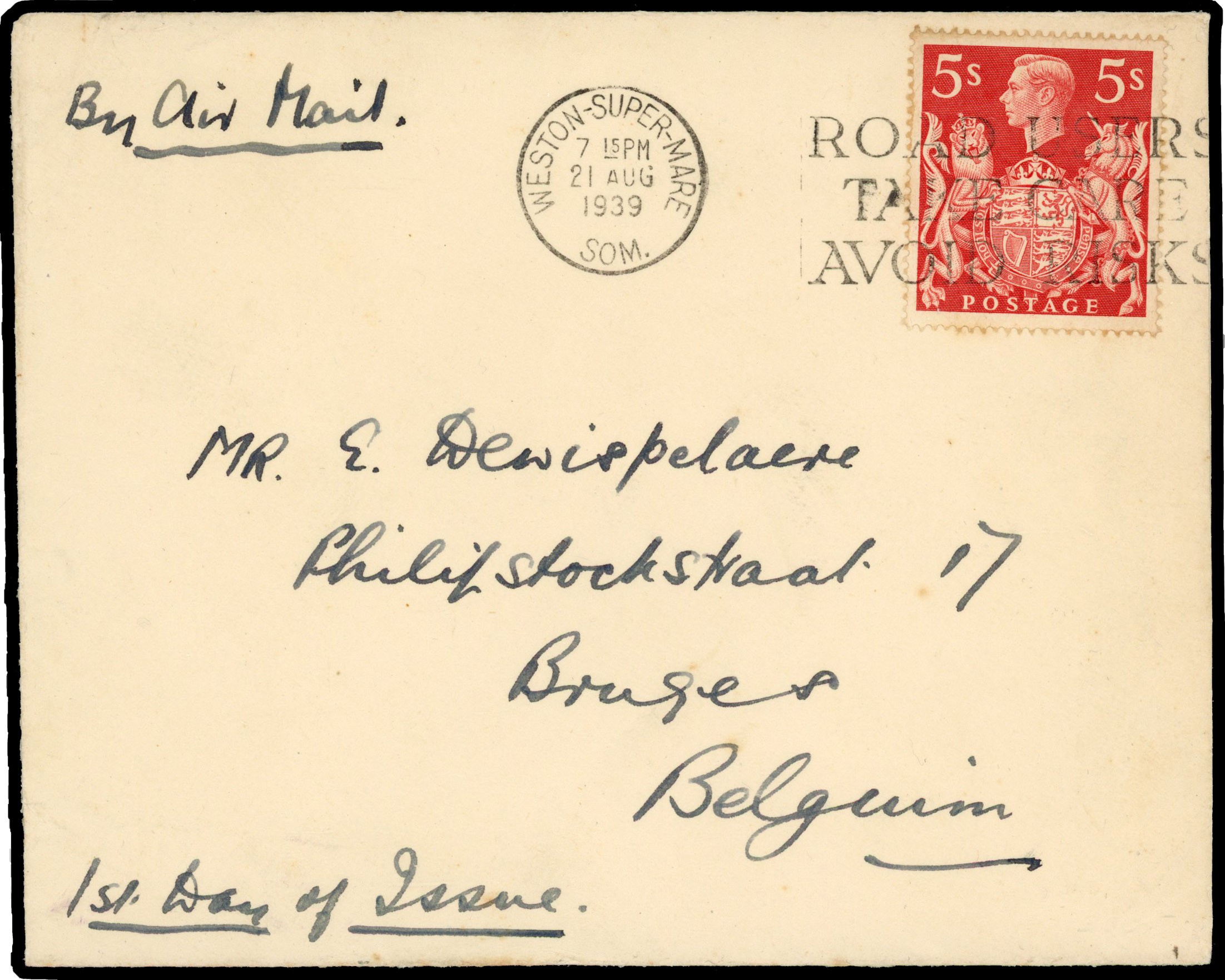 1939 5s Red ‘ Arms’ High Value. Fine example neatly tied to a clean envelope FDC