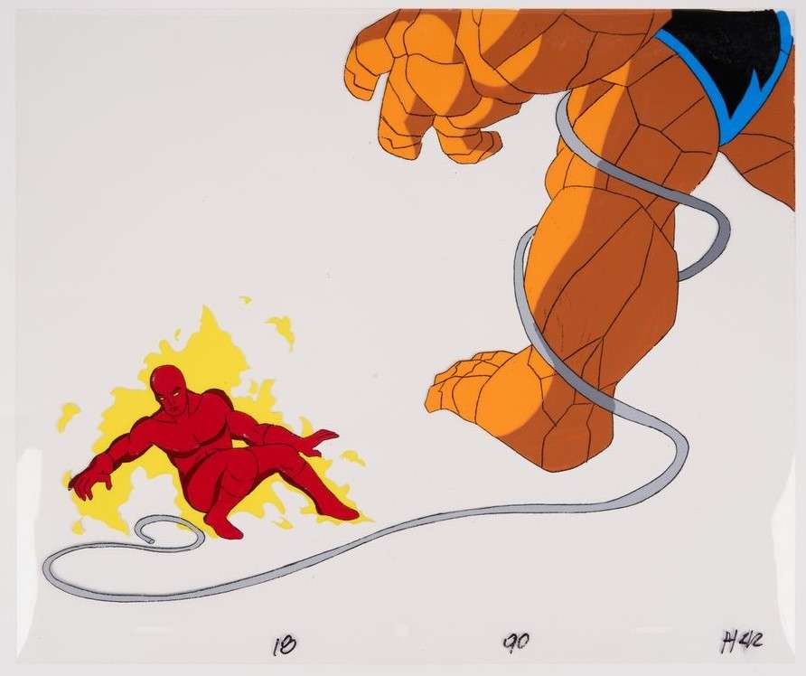 Fantastic Four Animated Series Human Torch and The Thing Original Hand Painted Production Cel (Marvel Studios, 1994-1996)