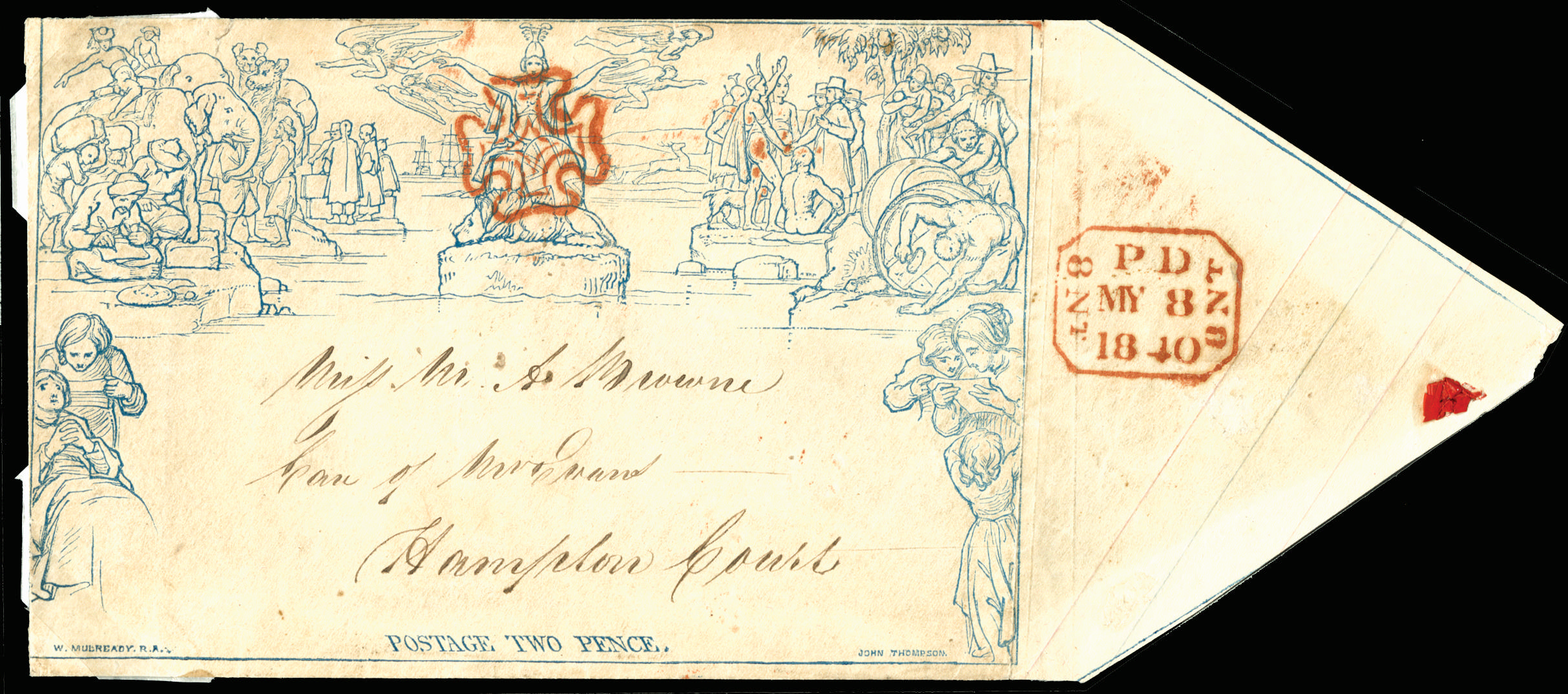 Great Britain 1840 2d Mulready Envelope (Forme 1, Stereo a210). Very fine used example sent on the third day of is…