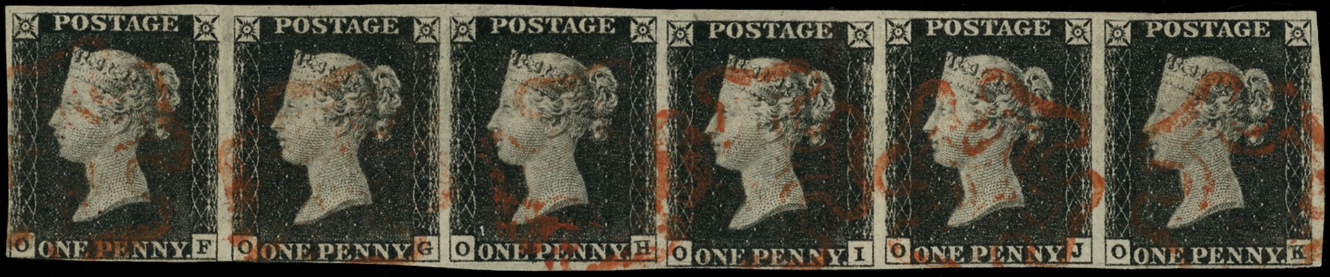 1840 1d black horizontal strip of 6 (OF-OK) cancelled by several light red...