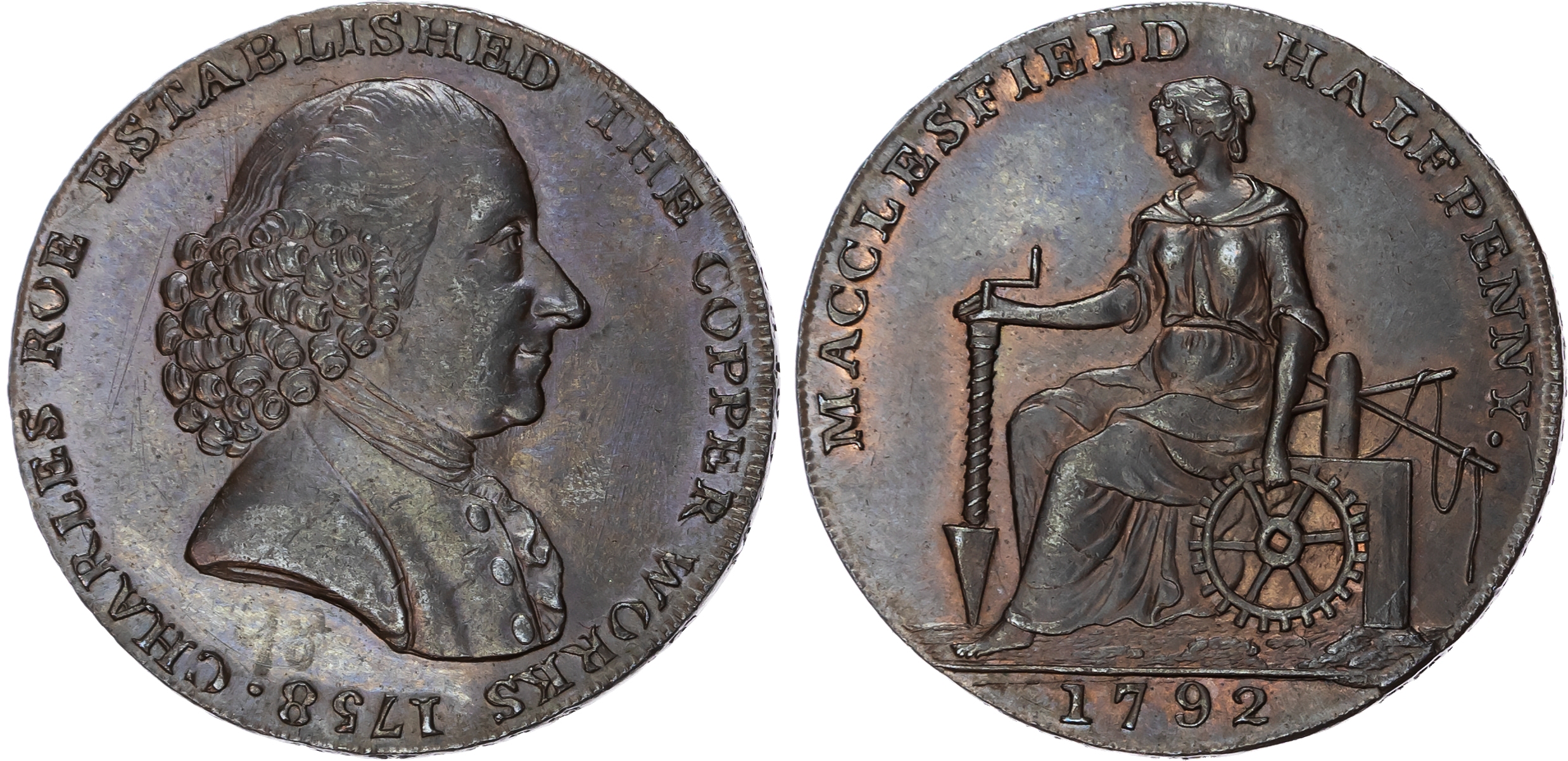 Ches. Macclesfield, Roe & Co. (copper smelter and silk dealer) Penny 1792, Bust of Charles Roe right, rev . se…
