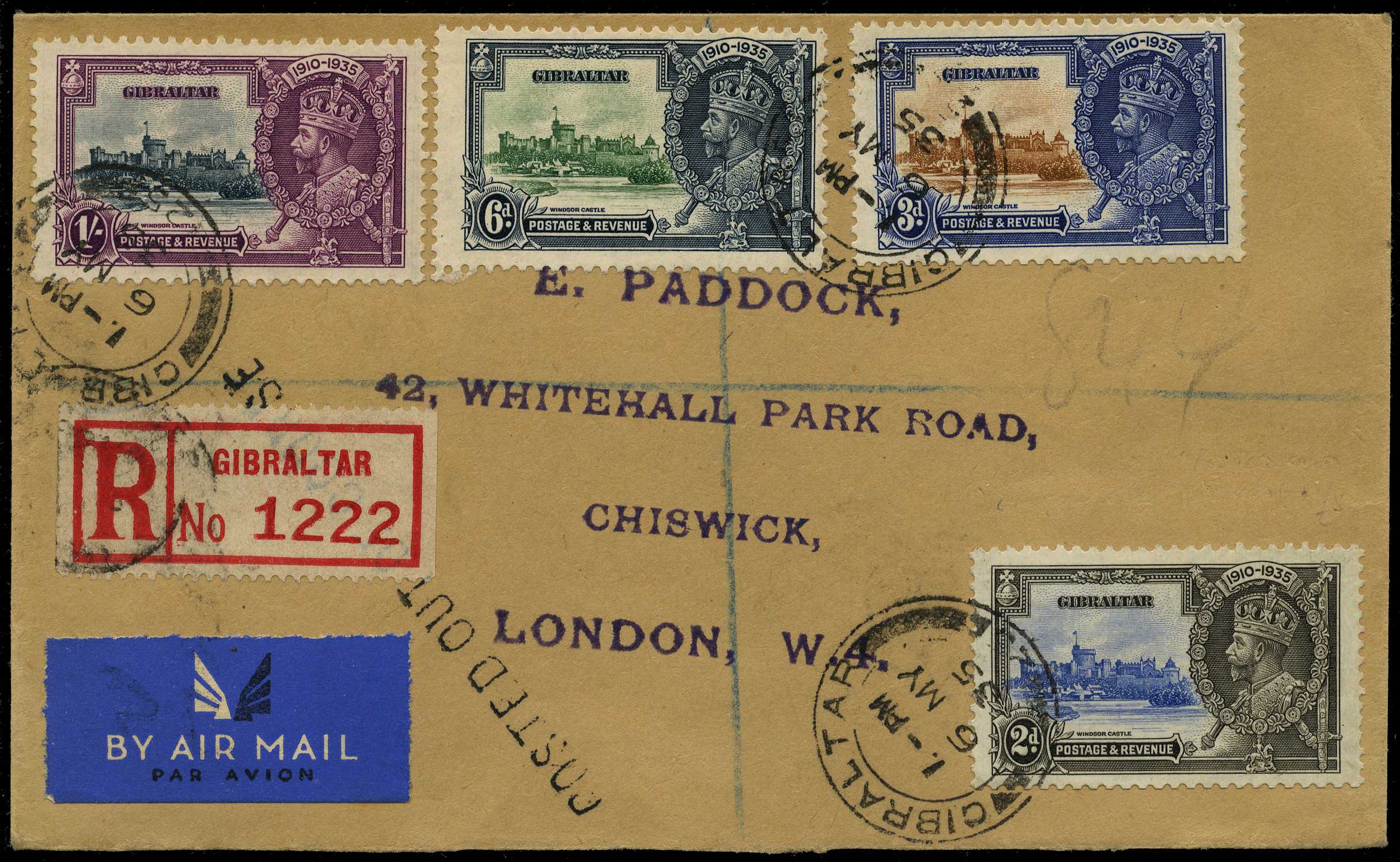 1935 Silver Jubilee set on registered airmail...