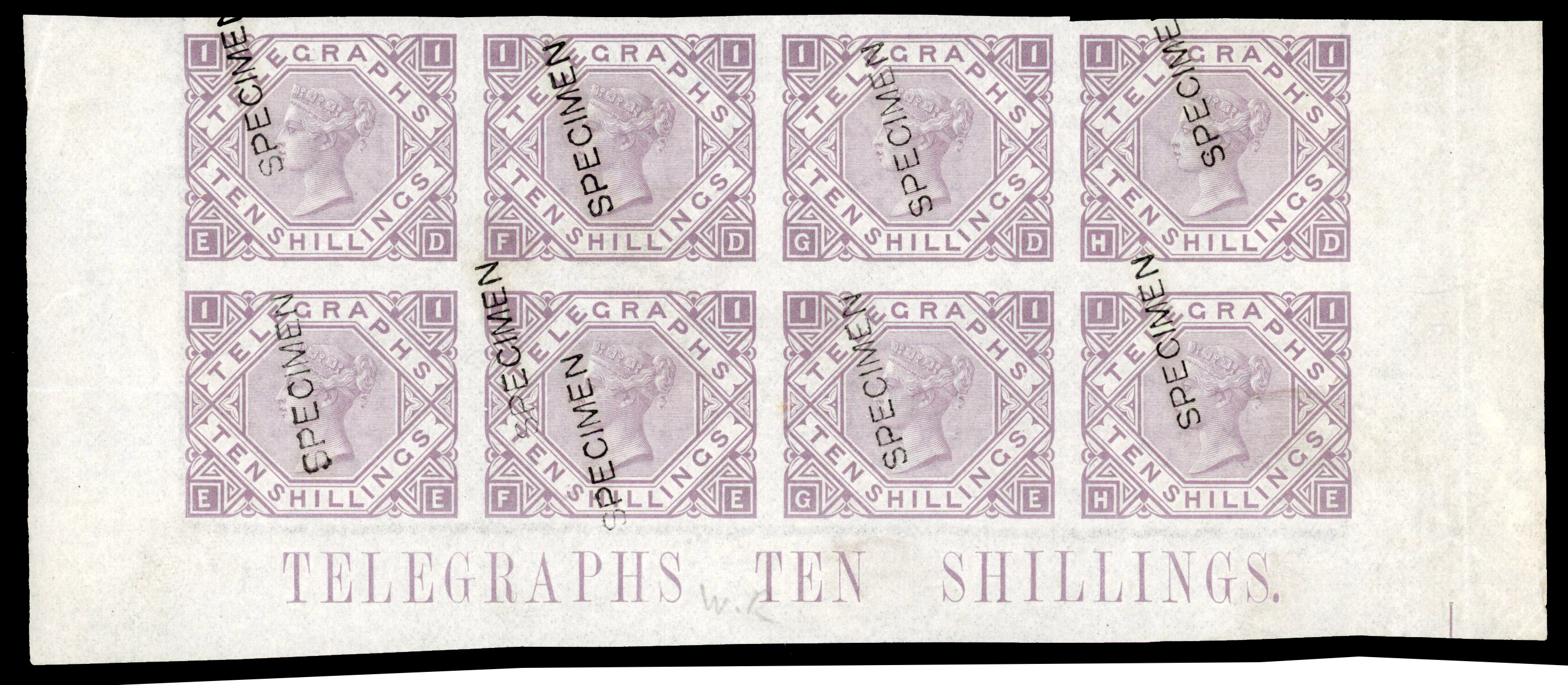 1877 10s dull mauve, plate 1 (ED-HE), imperforate corner marginal colour trial block of eigh