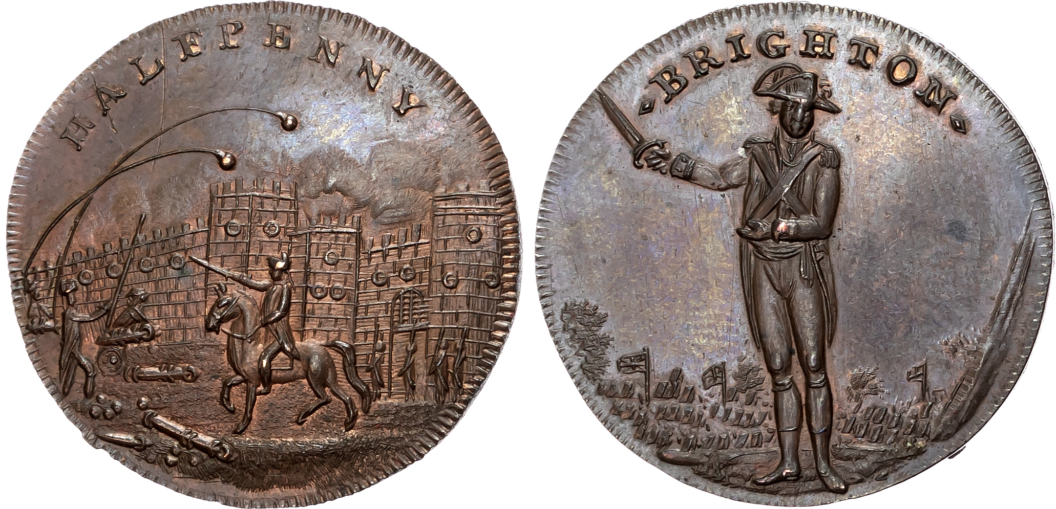 Suss. Brighton , Skidmore’s Halfpenny, Officer standing directing with sword, rev . Mounted officer directing fire at a …