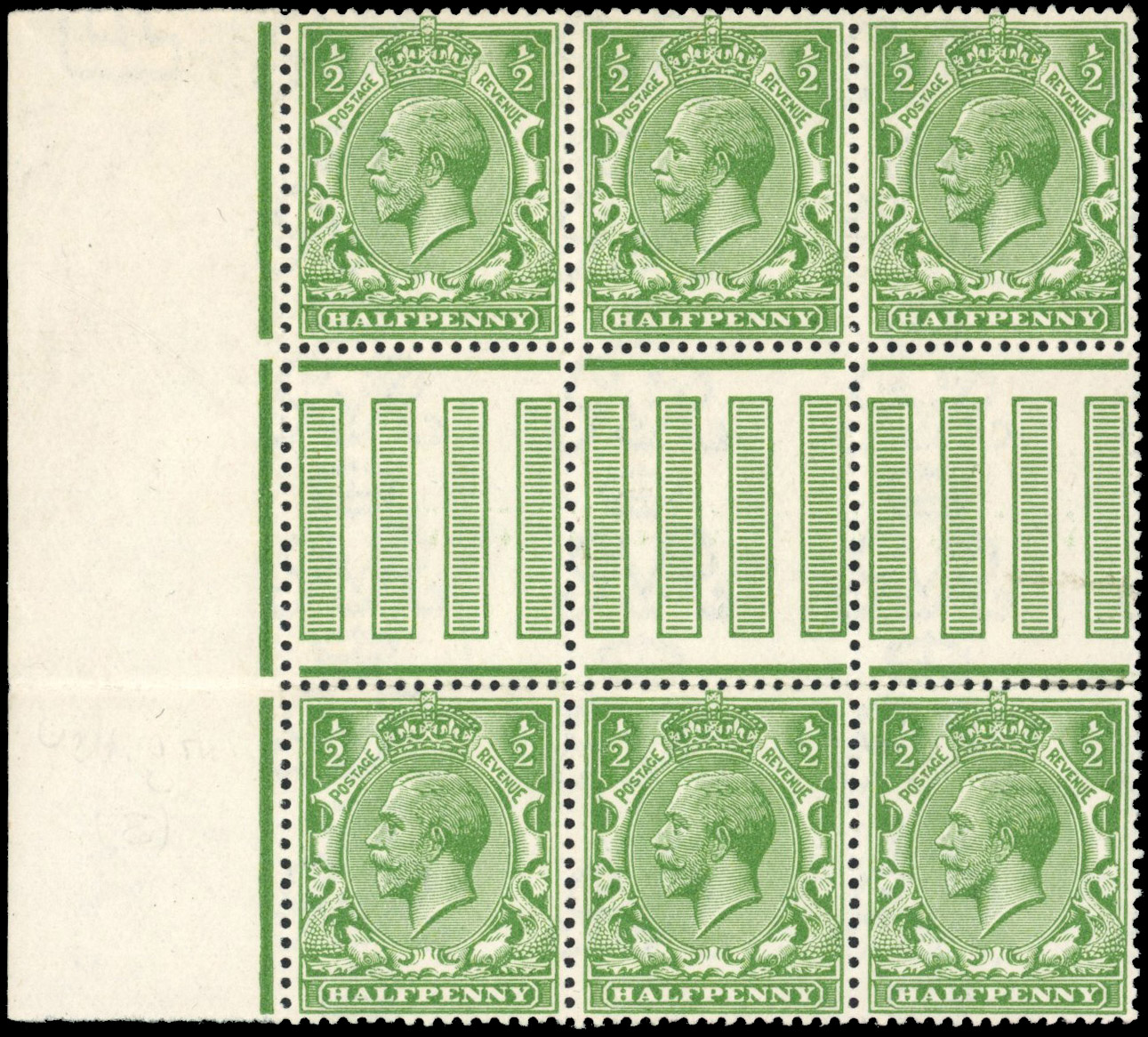 GB 1912-24 ½d bright yellow-green, mint interpanneau-marginal block