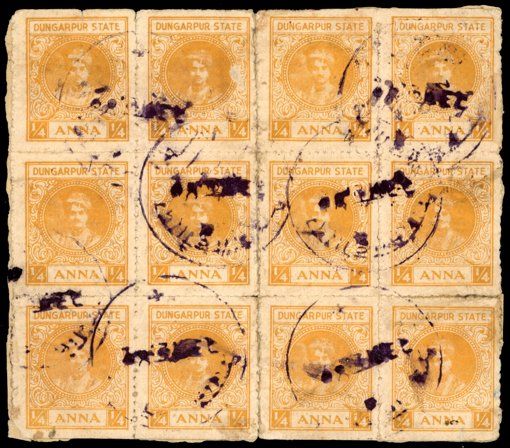 I.F.S Dungarpur SG 9/9a No fraction bar at right in used sheet of 12