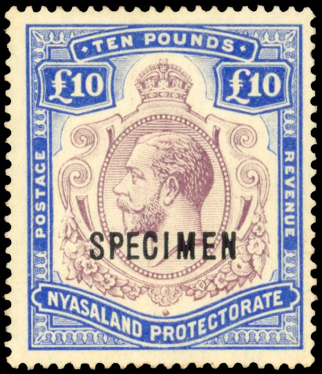 Nyasaland SG 99s 1913 £10 purple and dull ultramarine Specimen