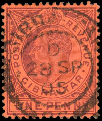 Gibraltar SG 57bw 1904 1d inverted watermark used