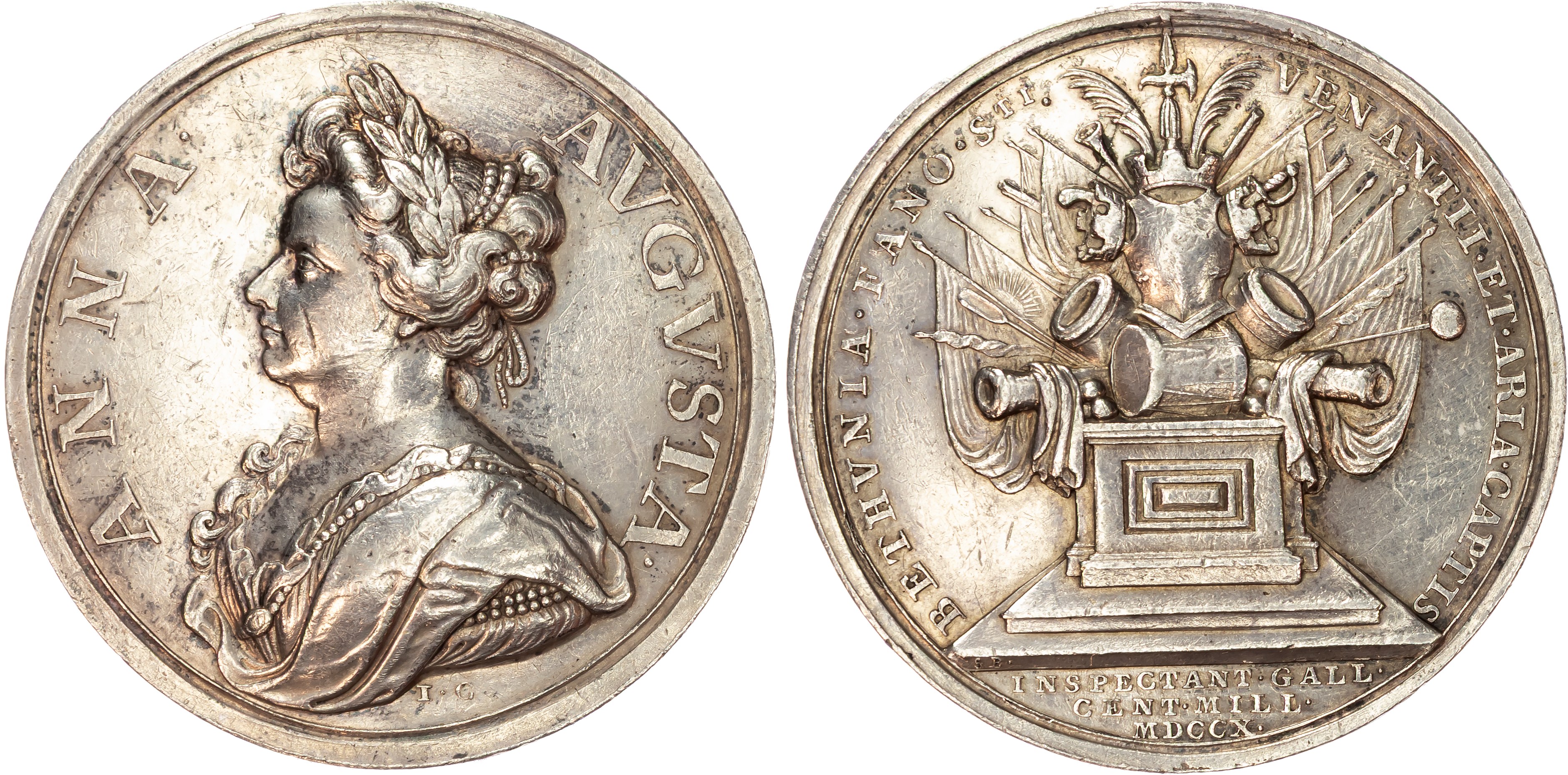 Anne (1702-1714) Capture of Béthune, St Venant and Aire, silver medal (48mm/44.38gm), 1710, by J. Croker and S. Bull. 