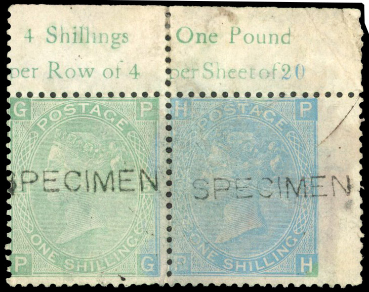 1867 1s Green Pl.5. (SG117, Wmk. Spray). Specimen pair