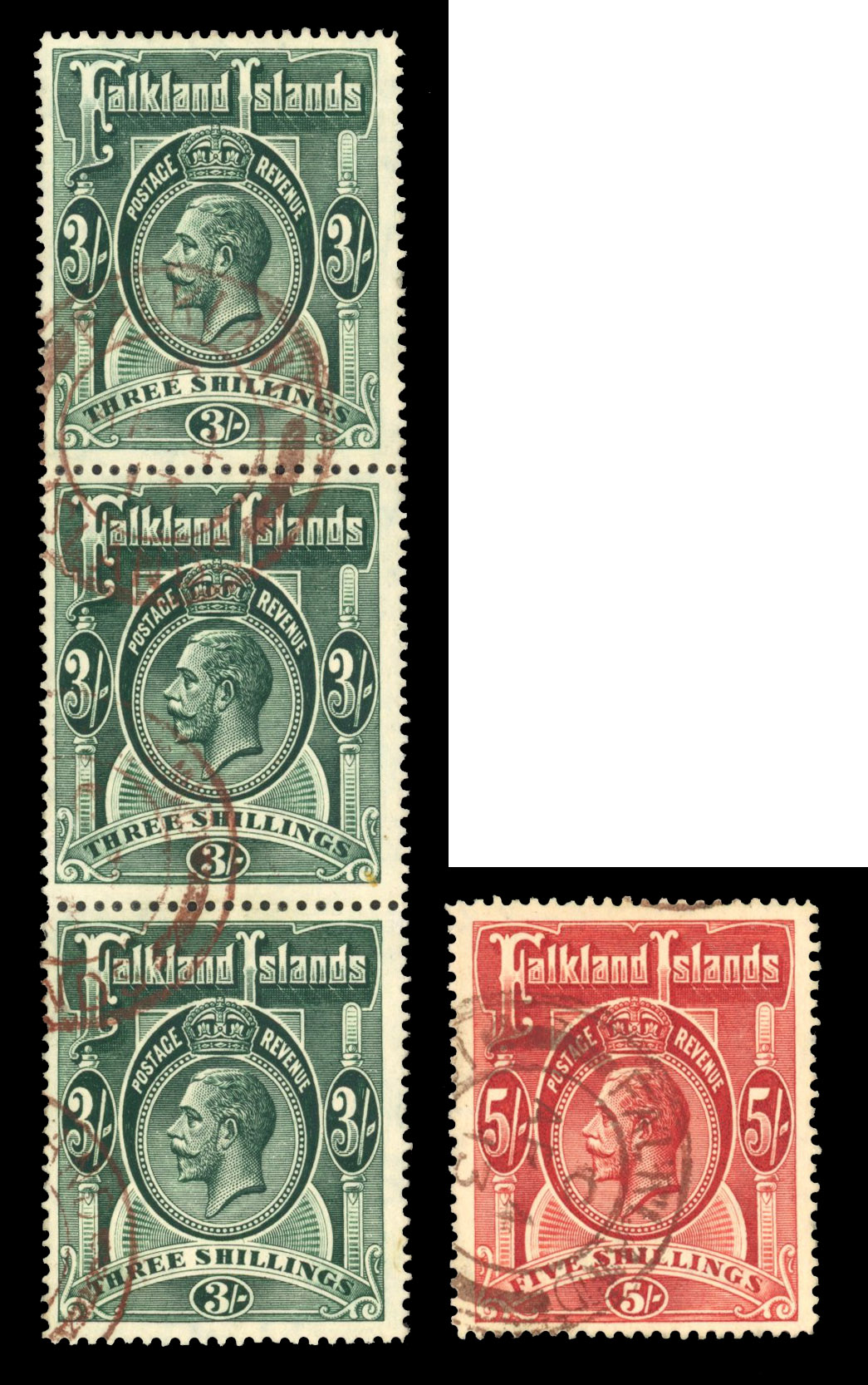 SG 66, 67 1912 3/- strip of three and 5/- cancelled in brown