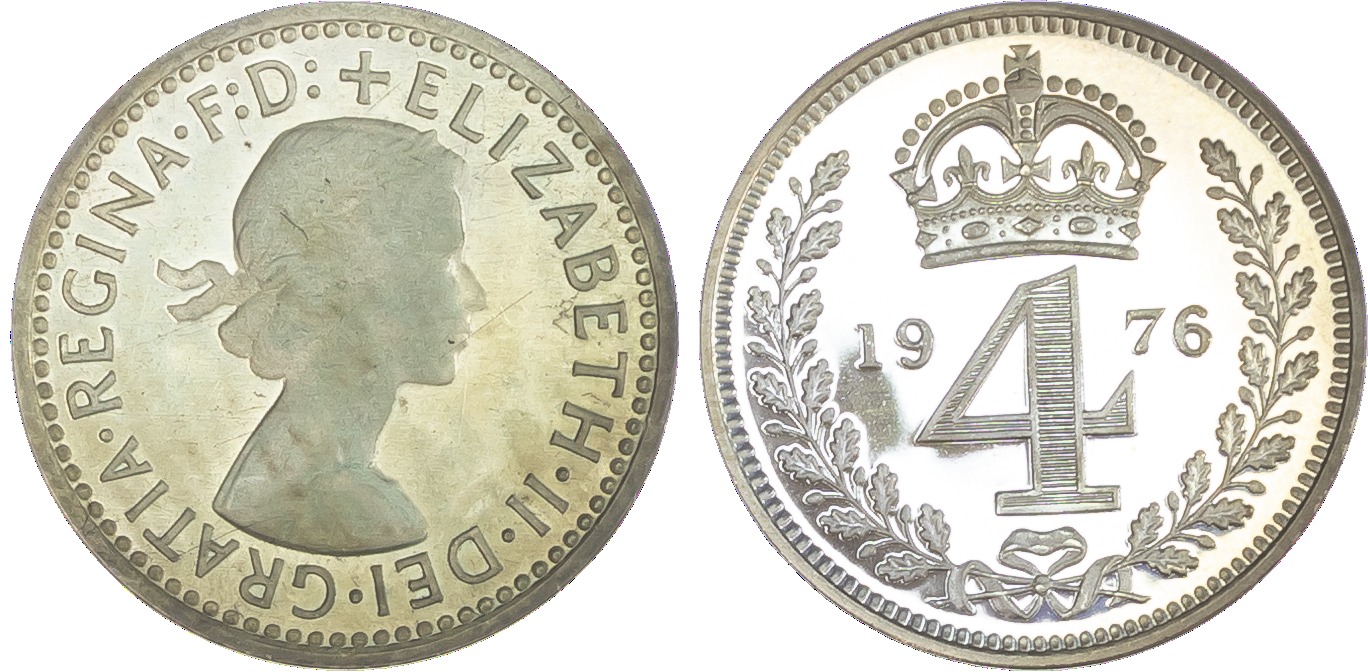 Elizabeth II (1952-2022), Maundy set, 1976, young laureate head of Queen right, legend and beaded border surrounding,