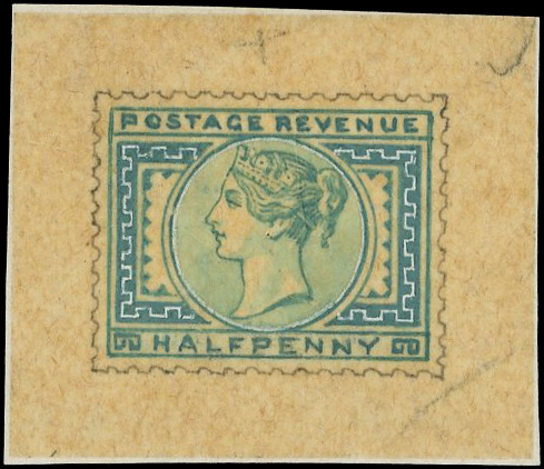 1881 ½d Green. Superb hand painted essay from De La Rue’s first scheme painted on  tracing paper (30x26mm) in green and …