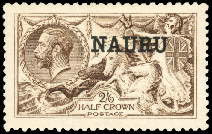 Nauru SG 19b 2s6d deep sepia-brown, overprint treble, two albino mint