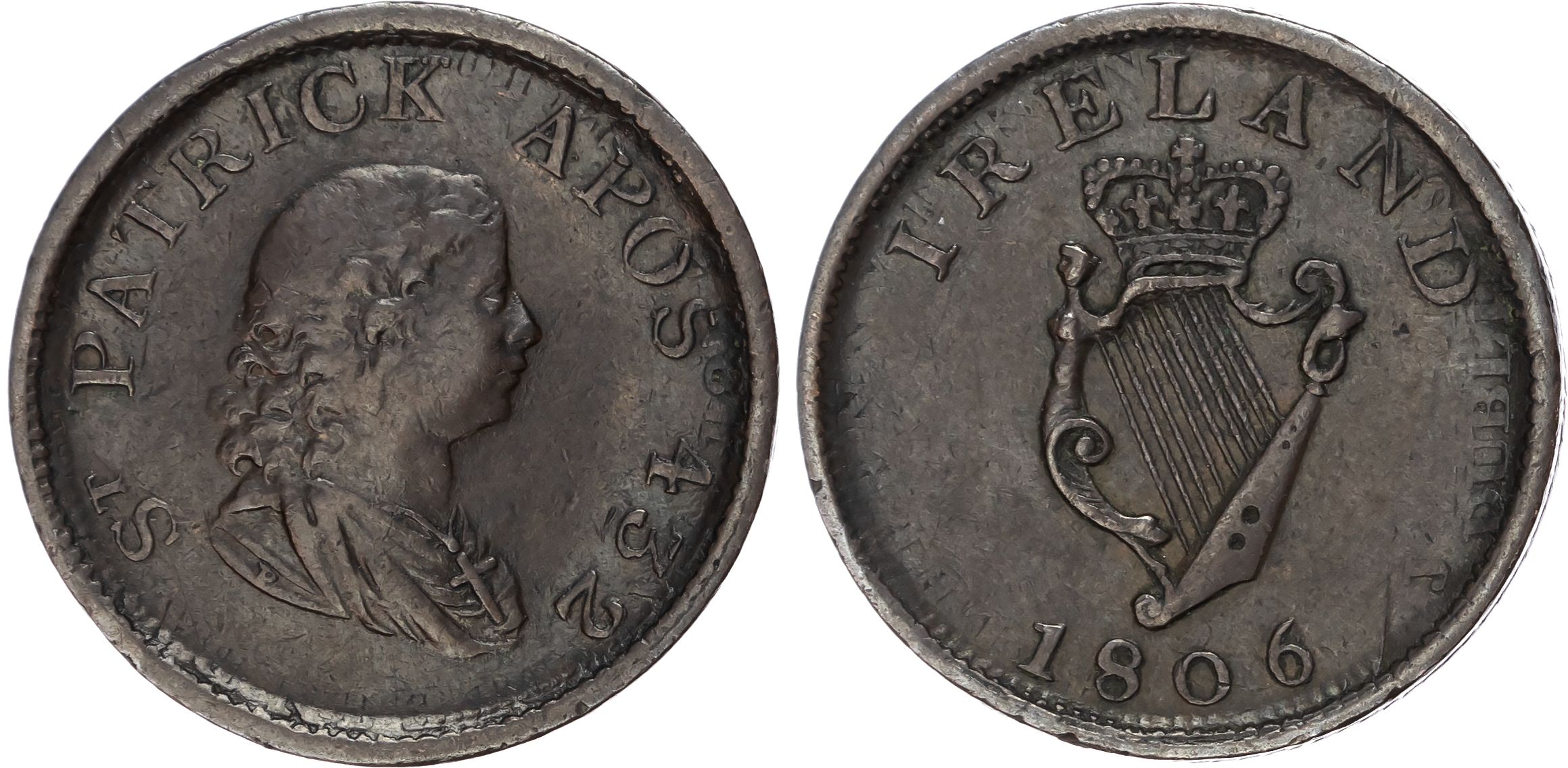 IRISH, NON LOCAL General Circulation Halfpenny 1806, Draped bust of St. Patick right rev. Crowned Irish harp, …