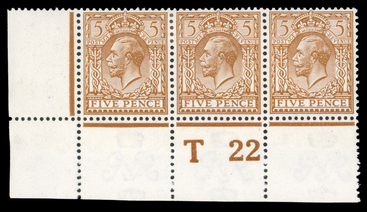 GB: 1912-24 5d dull reddish brown, mint large part o.g. control T22 strip of three