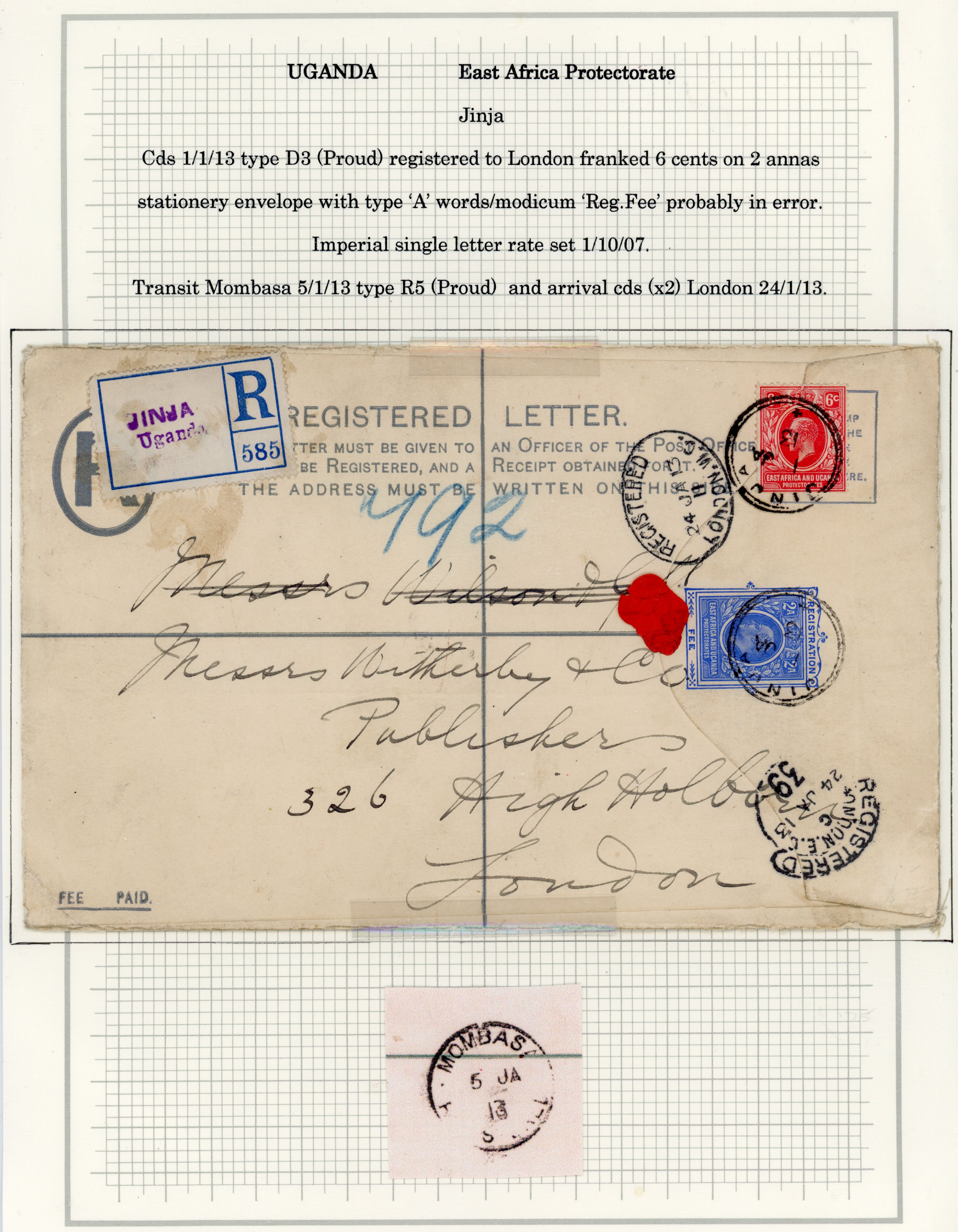 British East Africa 1913 2a registered stationery envelope uprated to England